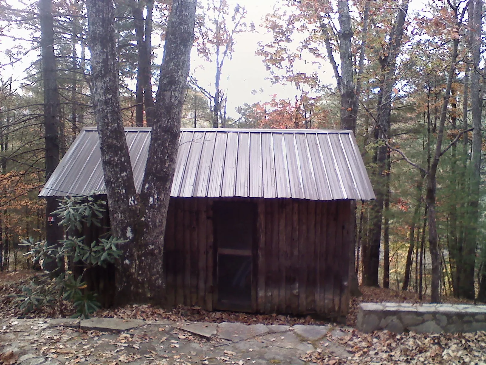 New metal gable roof on a small log shed among the trees in Welton
